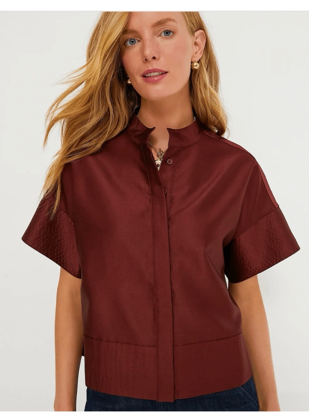 Tuckernuck Short-Sleeve Mock Neck Blouse in Burgundy